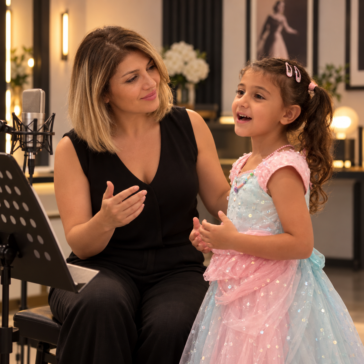 Child receiving one-on-one vocal coaching at Sweet Bunnies Performing Arts Academy.