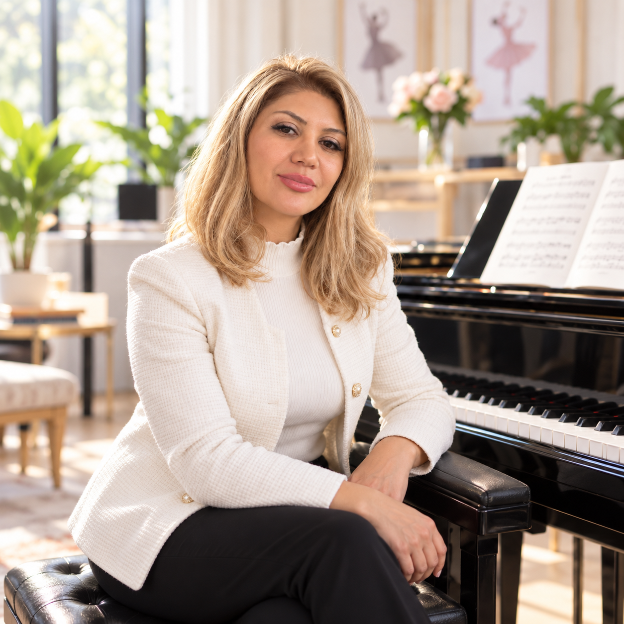 A vocal coach at Sweet Bunnies Performing Arts Academy is seated beside a piano during a music lesson.