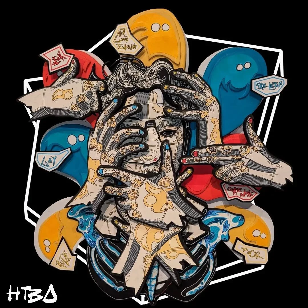 HTBA
3x2 ft
Magnetic modular piece where the viewer interacts and creates their own composition. Yes it's magnetic and you can touch it. It's hand cut wood with paint. Considered the main piece in my installation.

Experience the piece and create you