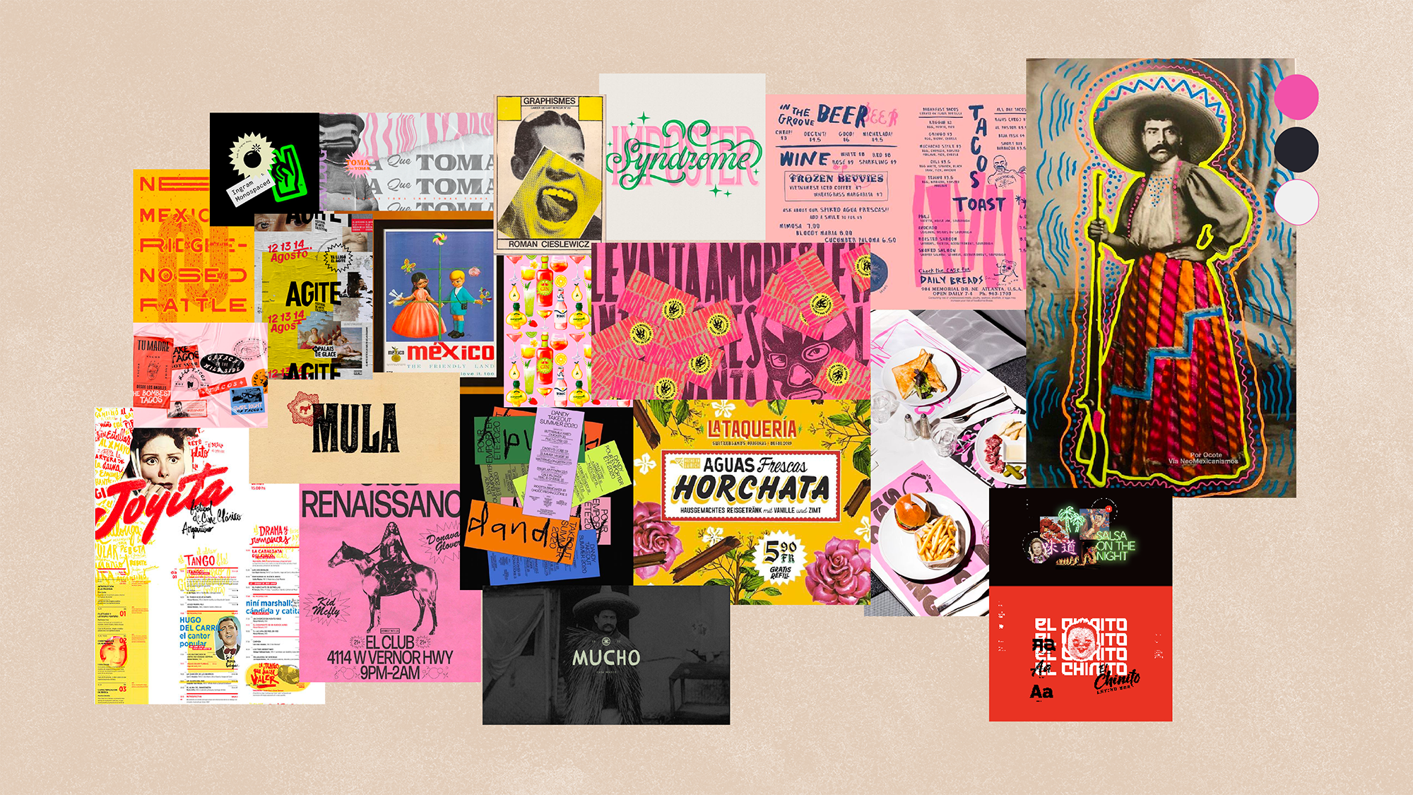 Collage de carteles y anuncios coloridos con temas de México, incluyendo comida, cultura y eventos, con un toque artístico y vintage.