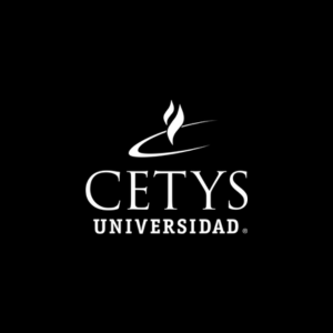 Logotipo de CETYS Universidad con una llama encima, sobre un fondo negro.