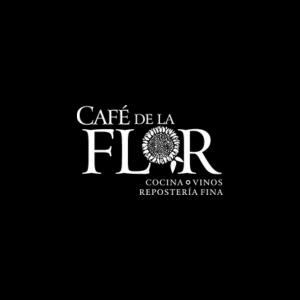 Logotipo de Café de la Flor con texto "Cocina o Vinos Repostería Fina" y un diseño de flor estilizada.