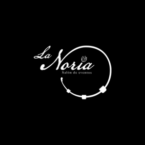 Logotipo negro y blanco que dice 'La Noria Salón de eventos' con un diseño circular y un motor en la parte inferior.
