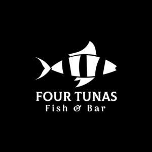 Logotipo de un pez con nombre 'Four Tunas Fish Bar' en letras blancas sobre fondo negro.