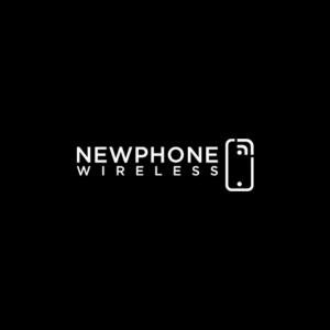 Logotipo de New Phone Wireless con un ícono de teléfono móvil en blanco sobre fondo negro.