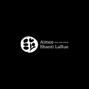 Logotipo con un árbol estilizado y texto que dice 'Aimee, Alone. Love. Evolve. Shanti LaRue' en fondo negro.