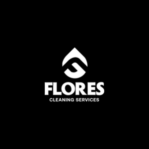 Logotipo negro y blanco de Flores Servicios de Limpieza, con símbolo en forma de gota de agua y una espiral.