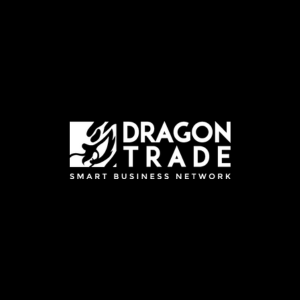 Logotipo de Dragon Trade con un dragón estilizado y el texto 'Dragon Trade, Smart Business Network' en color blanco sobre fondo negro.