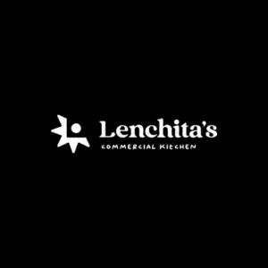 Logotipo negro y blanco de Lenchtia's Commercial Kitchen, con un ícono de espiral y texto en letra blanca.