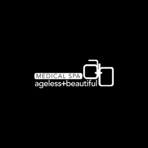 Logotipo de un spa médico llamado 'Ageless + Beautiful' con iconos de un frasco y una flor en blanco sobre fondo negro.