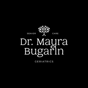 Logotipo negro con árbol en el centro, texto que dice 'Senior Care Dr. Mayra Bugarín Geriátrics' en letras blancas.