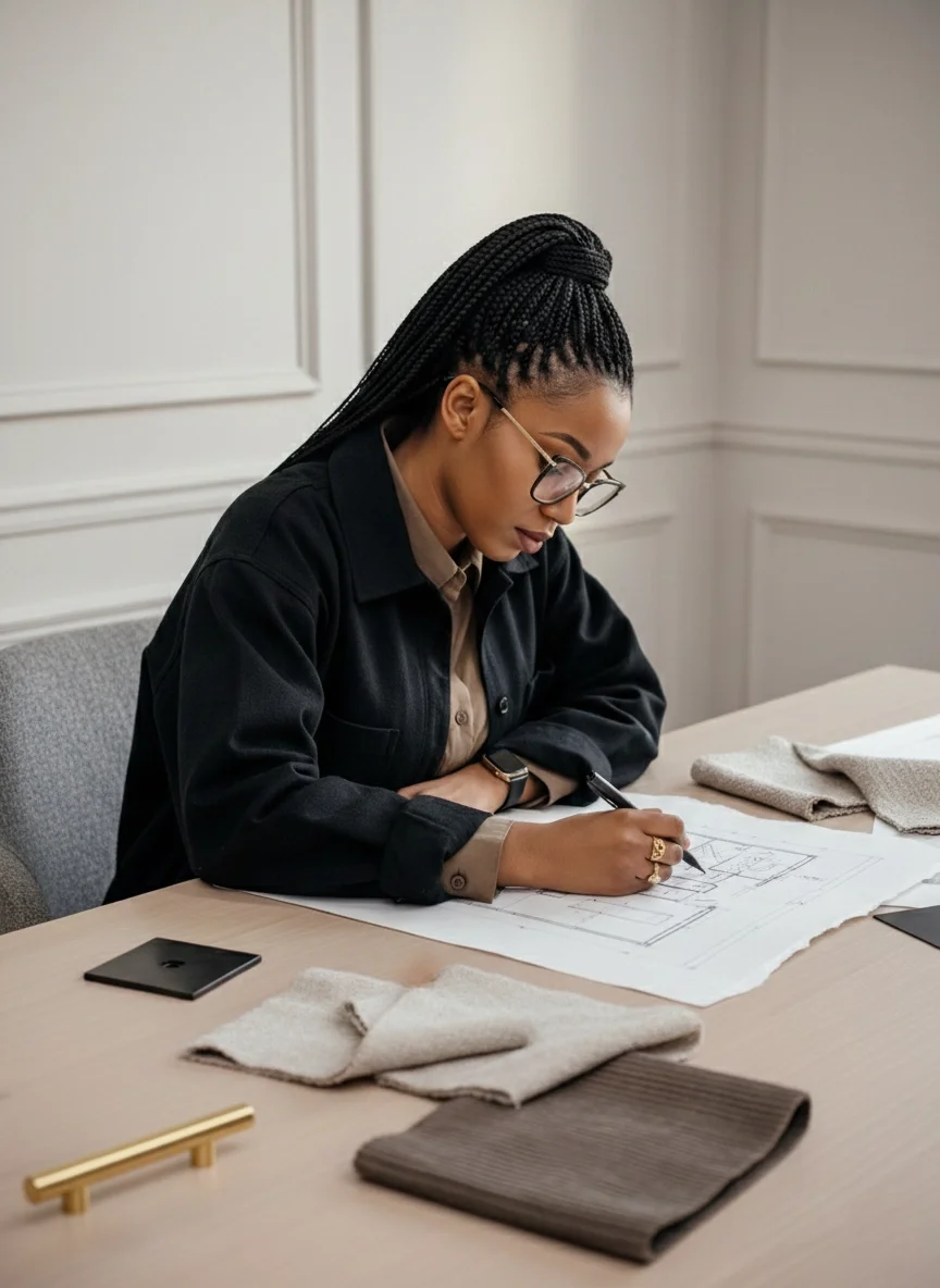 A woman with glasses and braided hair sketches or designs on large sheets of paper at a table, surrounded by fabric samples, a smartphone, and a small gold handle.