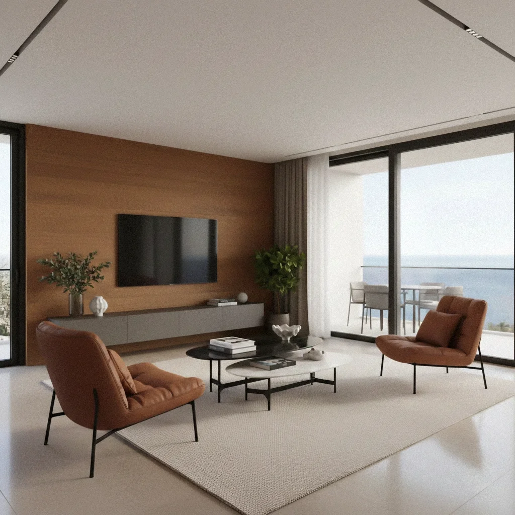 Living room with two orange armchairs, a coffee table with books and decorative items, a wall-mounted TV, a large window with curtains, and a balcony with outdoor dining furniture.