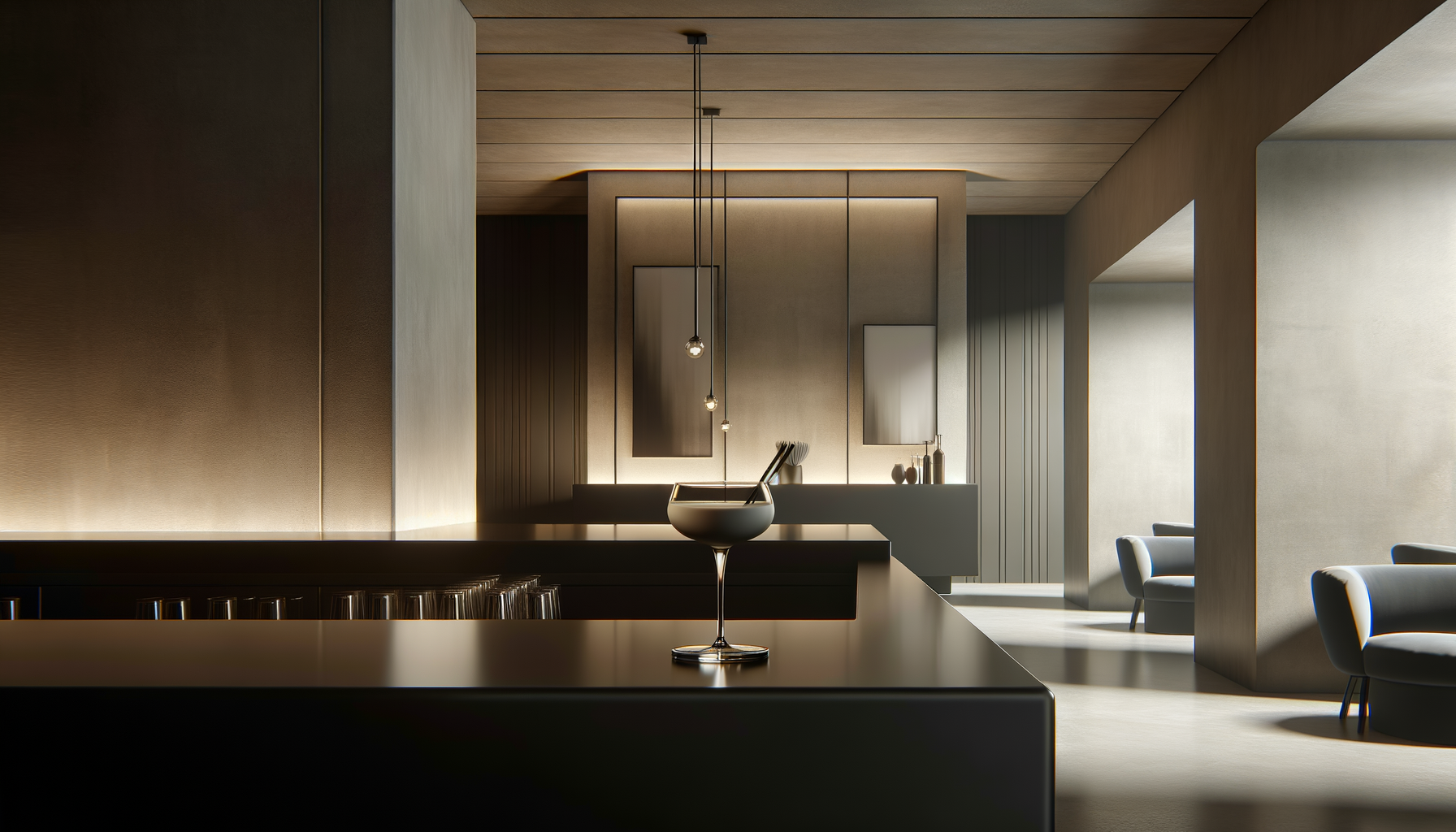 Modern interior with black countertops, white chairs, a beige wall with mirrors, and pendant lights.