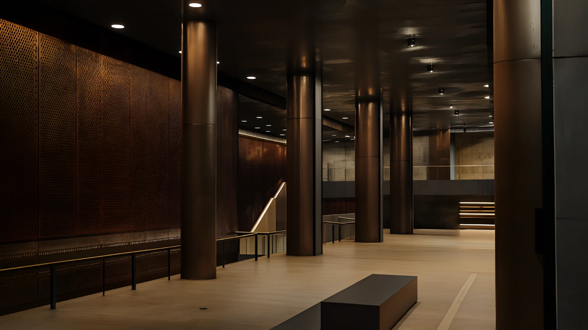 Modern, dimly lit interior with large brown cylindrical columns, wooden paneling, and a few benches on light-colored wooden floors.