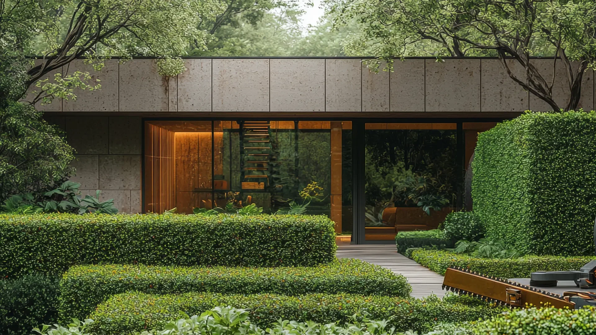 Modern house with large glass windows surrounded by lush greenery and neatly trimmed bushes and trees.