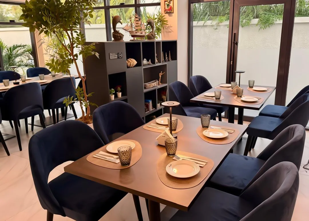 A dining room with a table set with plates, glasses, and chopsticks, surrounded by blue chairs, next to a window with greenery outside.