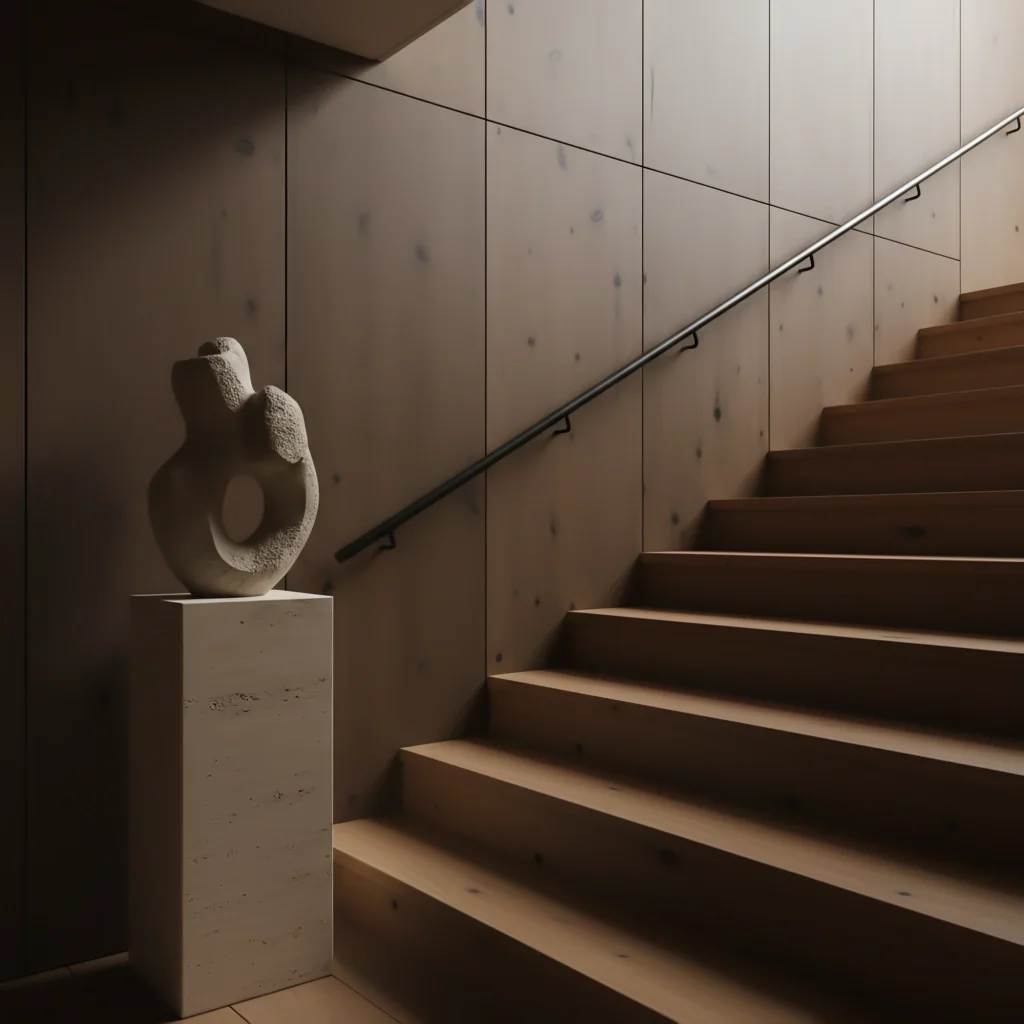 Wooden stairs with a metal handrail on a light wood wall, and a sculpture on a pedestal at the bottom of the stairs.
