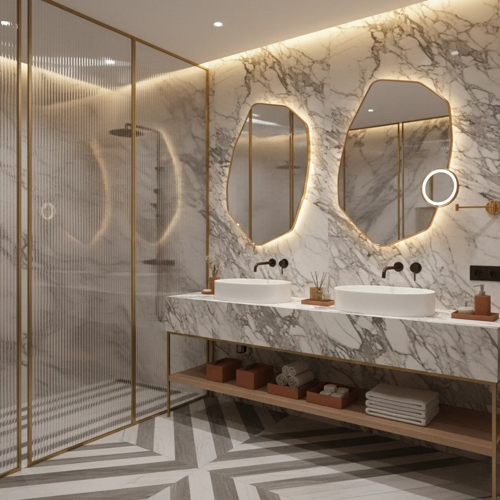 Modern bathroom with marble walls and a double vanity with oval vessel sinks, gold accents, large backlit mirrors, and a spacious shower with a glass door and gold trim.