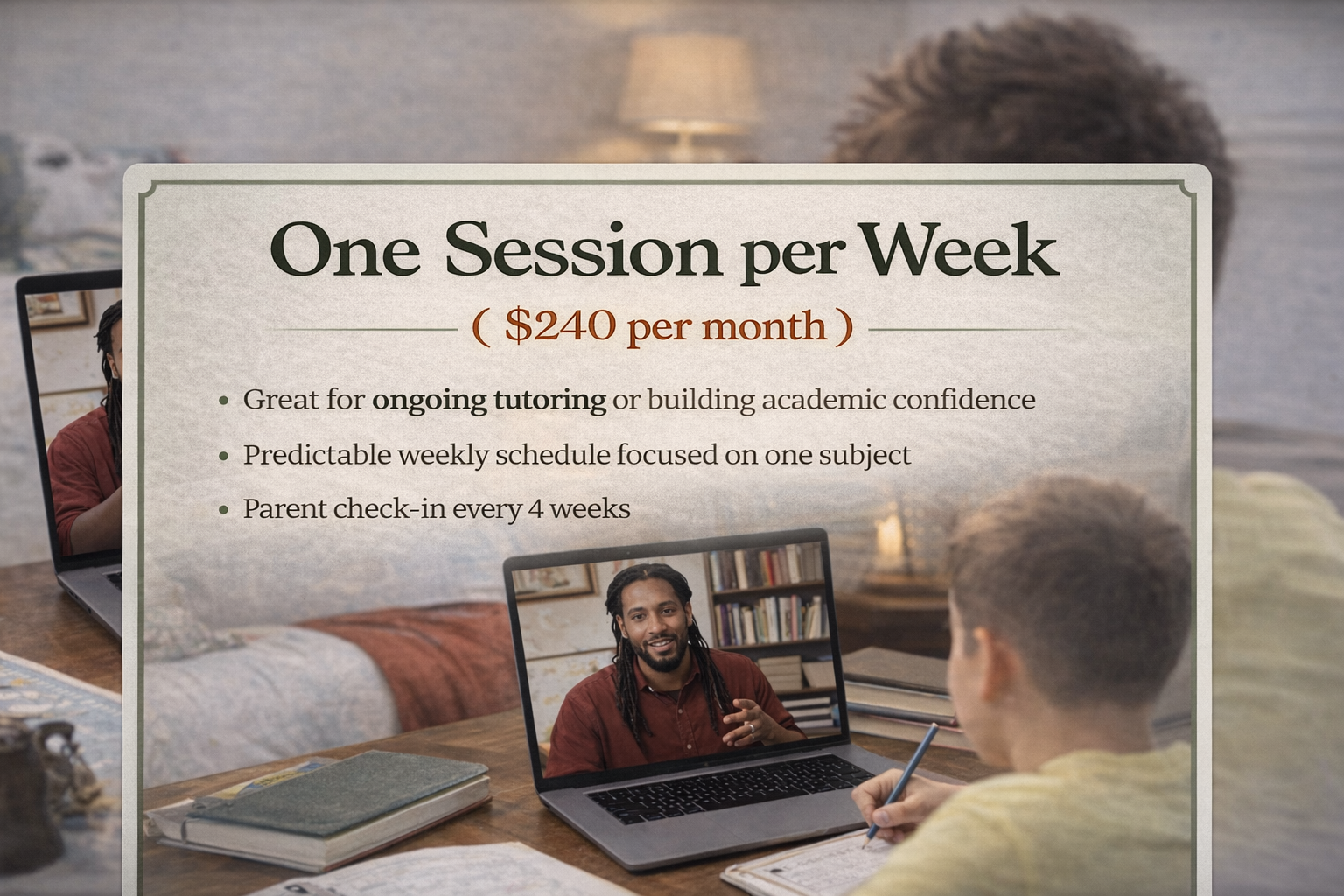 A person taking notes at a desk during an online tutoring session with a tutor visible on a laptop screen.