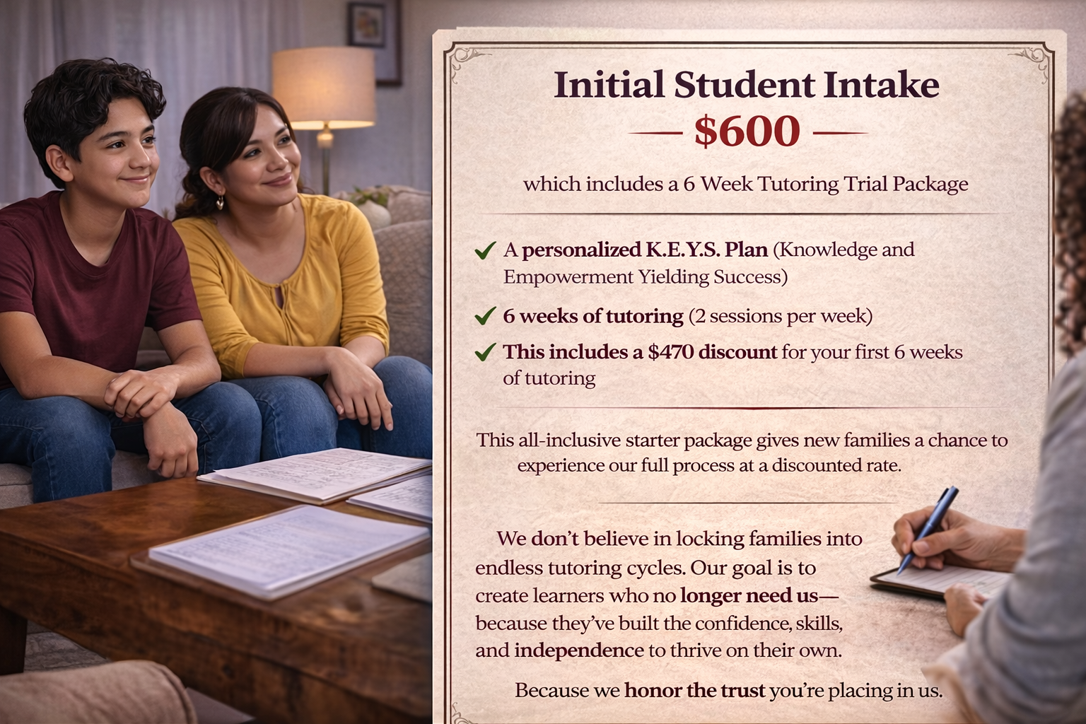 A promotional flyer for an initial student intake tutoring package, featuring a photograph of two teenagers sitting on a couch listening to a tutor, with the flyer listing details of the package including price, duration, and discounts.