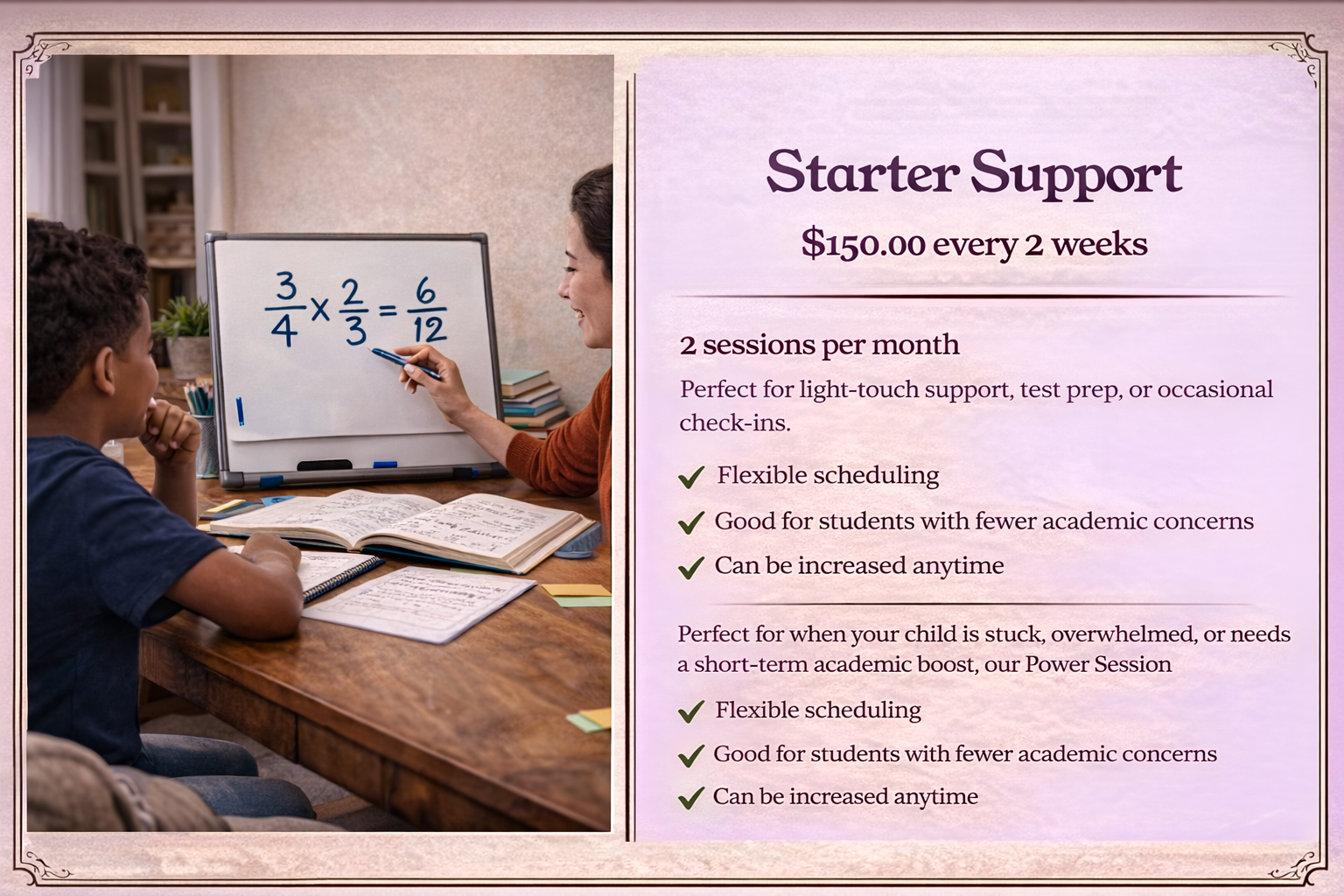A teacher and a student are sitting at a wooden table, working on math problems. The teacher is pointing at a whiteboard with fractions and multiplication written on it, while the student looks on attentively.