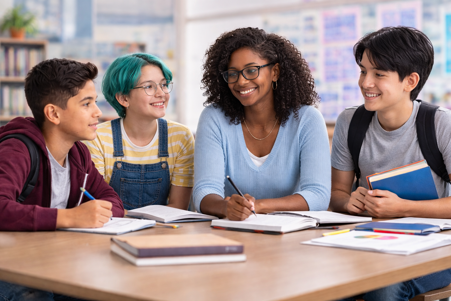 A teacher sitting at a school table with four middle school students, all smiling and engaging in conversation in a classroom.