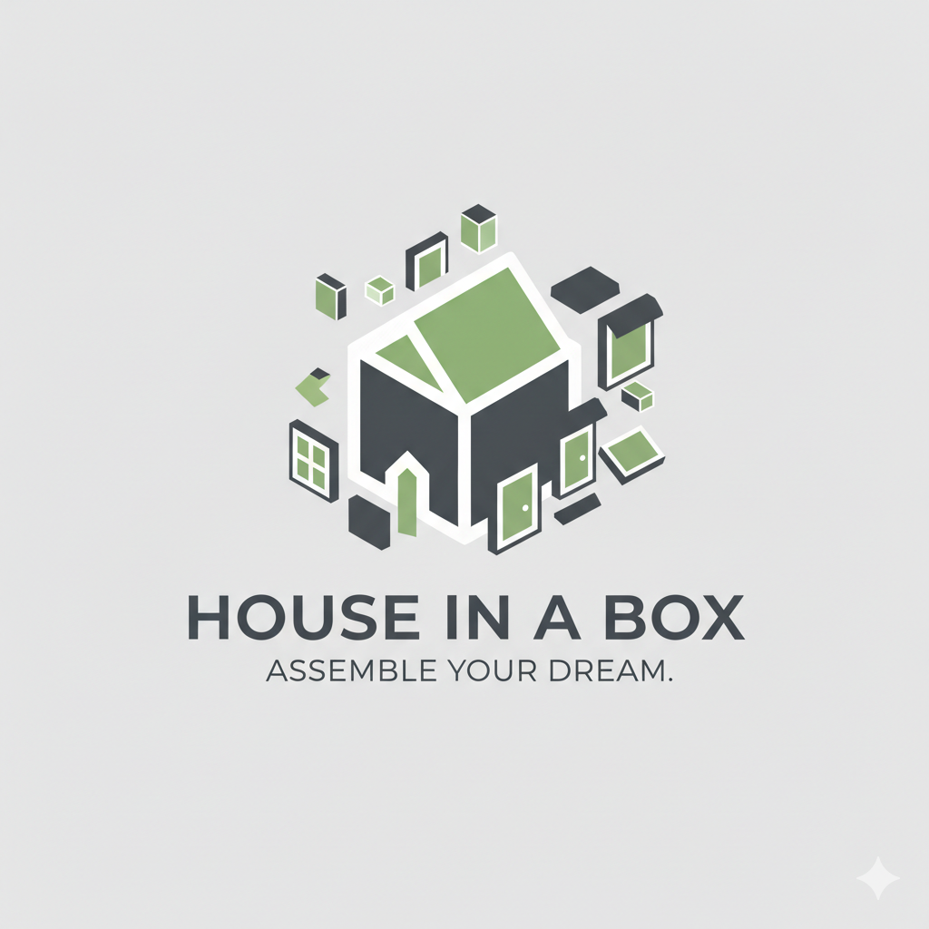 Illustration of various house and door icons emerging from a 3D cube, with the text "House in a Box" and the slogan "Assemble Your Dream" underneath.