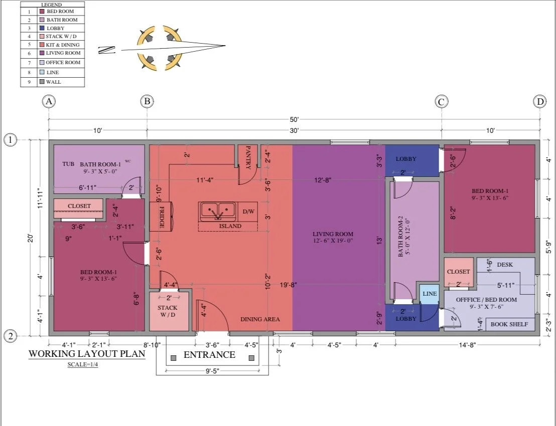 A detailed floor plan of a house, showing different rooms labeled with dimensions and functions. The layout includes bedrooms, bathrooms, a living room, kitchen, dining area, office, lobby, closets, pantry, laundry, and storage areas, with color-coded sections for easy identification.