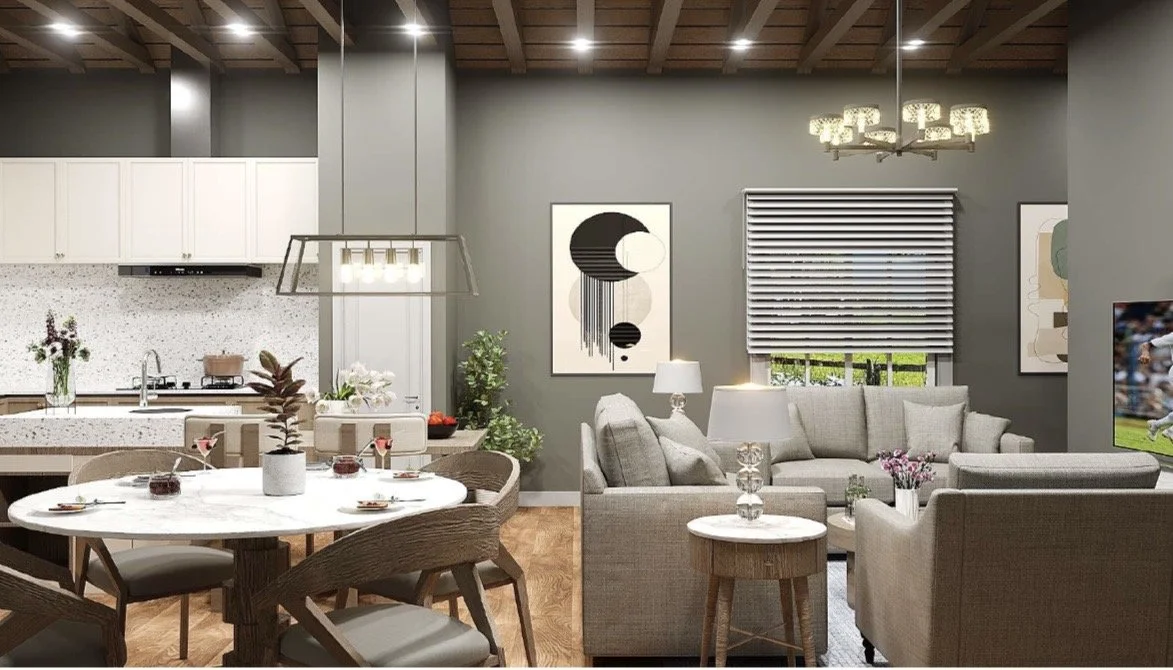 Open-concept living room and kitchen with gray walls, white cabinetry, a dining table with chairs, a sectional sofa, wall art, window blinds, and a modern chandelier. Modular home for ADU
