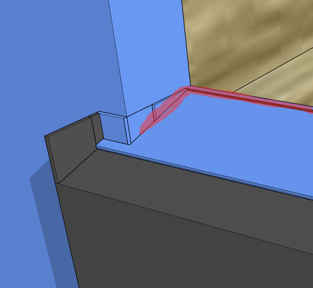 3D model of a construction detail showing a connection between different colored surfaces with a red outline indicating a specific joint or element.