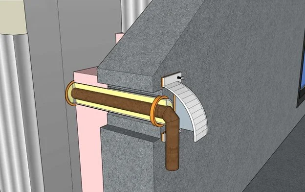 Diagram of a mechanical component with a brown pipe, yellow insert, and gray curved part attached to a gray surface.