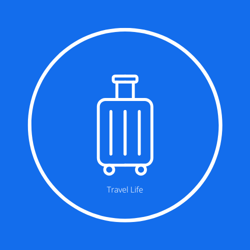 Icon of a suitcase with the words "Travel Life" beneath it, set against a blue background.