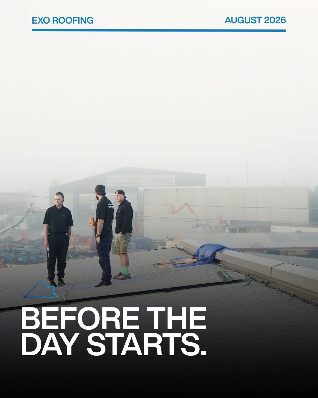 Three of the boys on a Silverdale commercial roof, coffees in hand, sorting out the day before the tools come out.  The best work starts with a conversation. Who's on what, what's getting finished, what needs watching. Five minutes on the roof with t