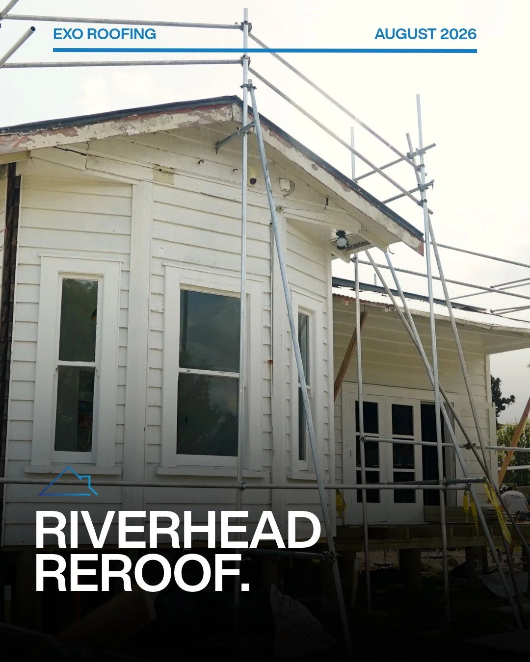 The crew up on the scaffolding getting this villa sorted. Old roof off, new roof on, no shortcuts. LBP registered, fully insured, 10-year workmanship guarantee.