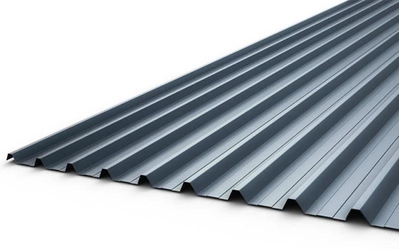 A sheet of corrugated metal roofing panel with a silver finish.