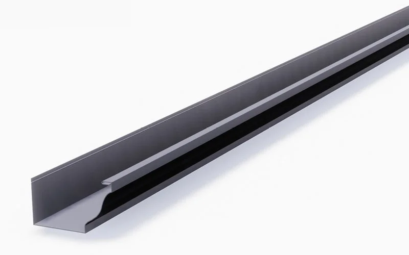 A long, metallic black drawer slide rail with a silver outer edge on a white background.