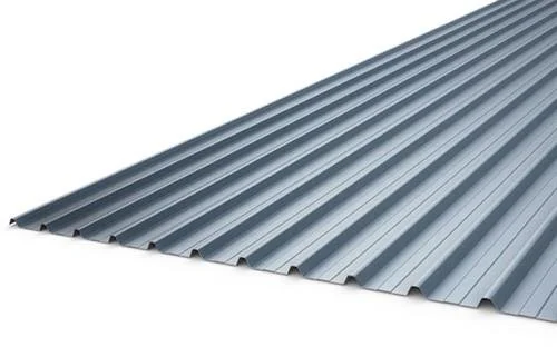 A sheet of corrugated metal roofing panel with a silver finish.