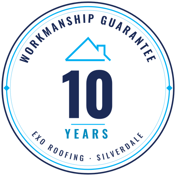 Seal or badge indicating 10 years of workmanship guarantee for EXO Roofing in Silverdale.