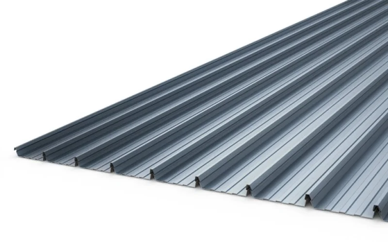 A sheet of corrugated metal roofing material