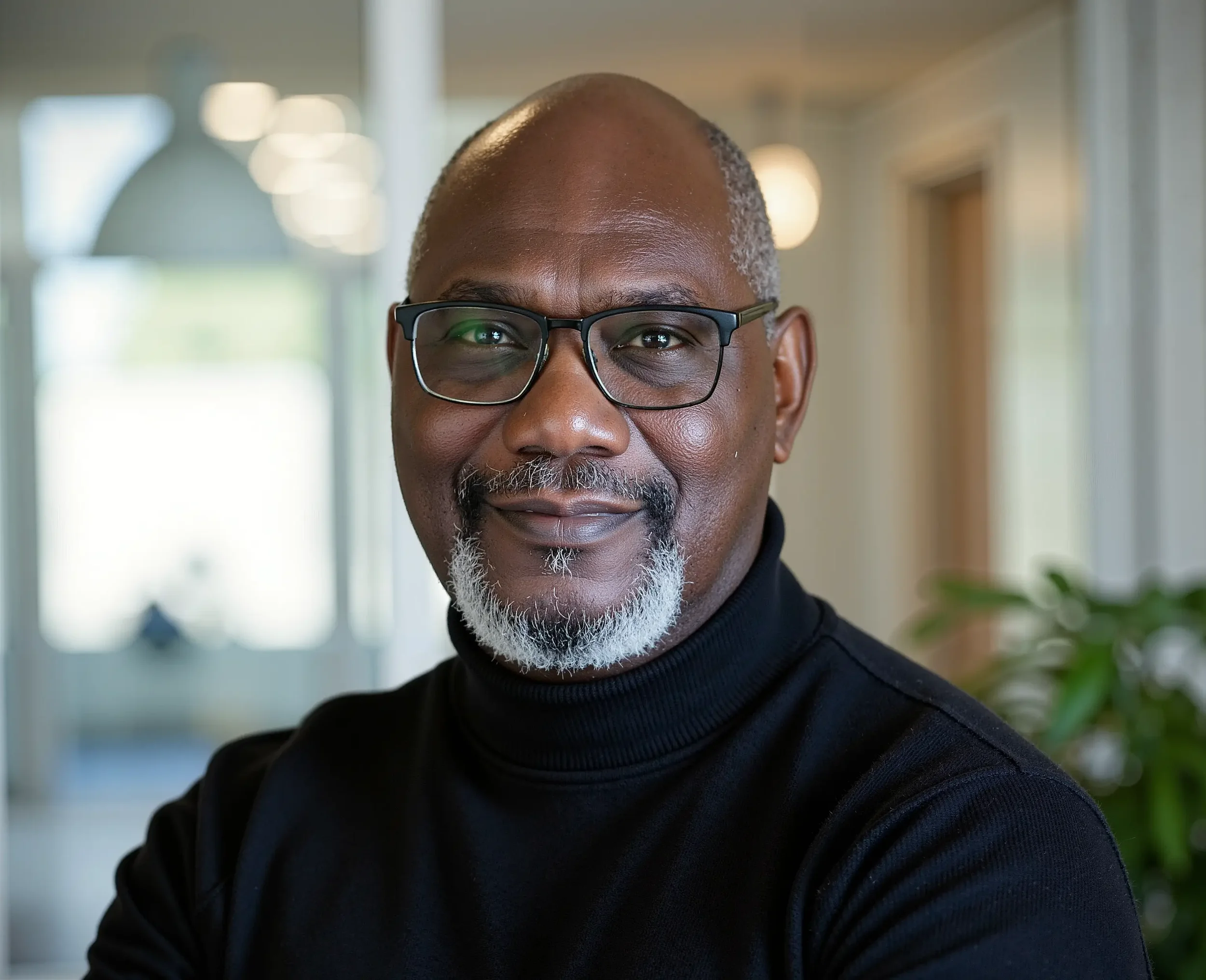 L.A. Lewis, a middle-aged African American man with glasses and a gray beard smiling in a well-lit indoor setting.