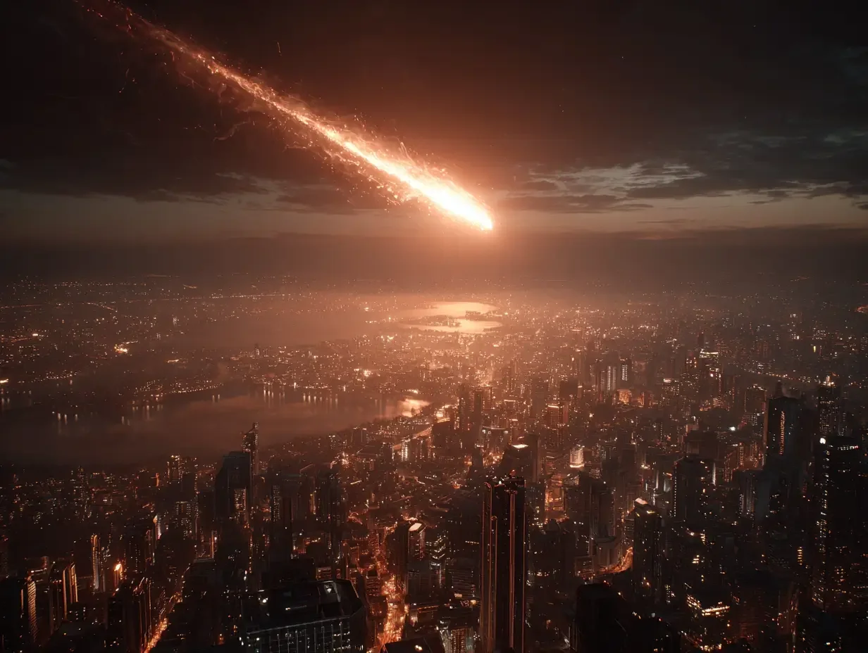 A city skyline at night with a large meteor streaking across the sky, illuminating the clouds and reflecting on the water below.