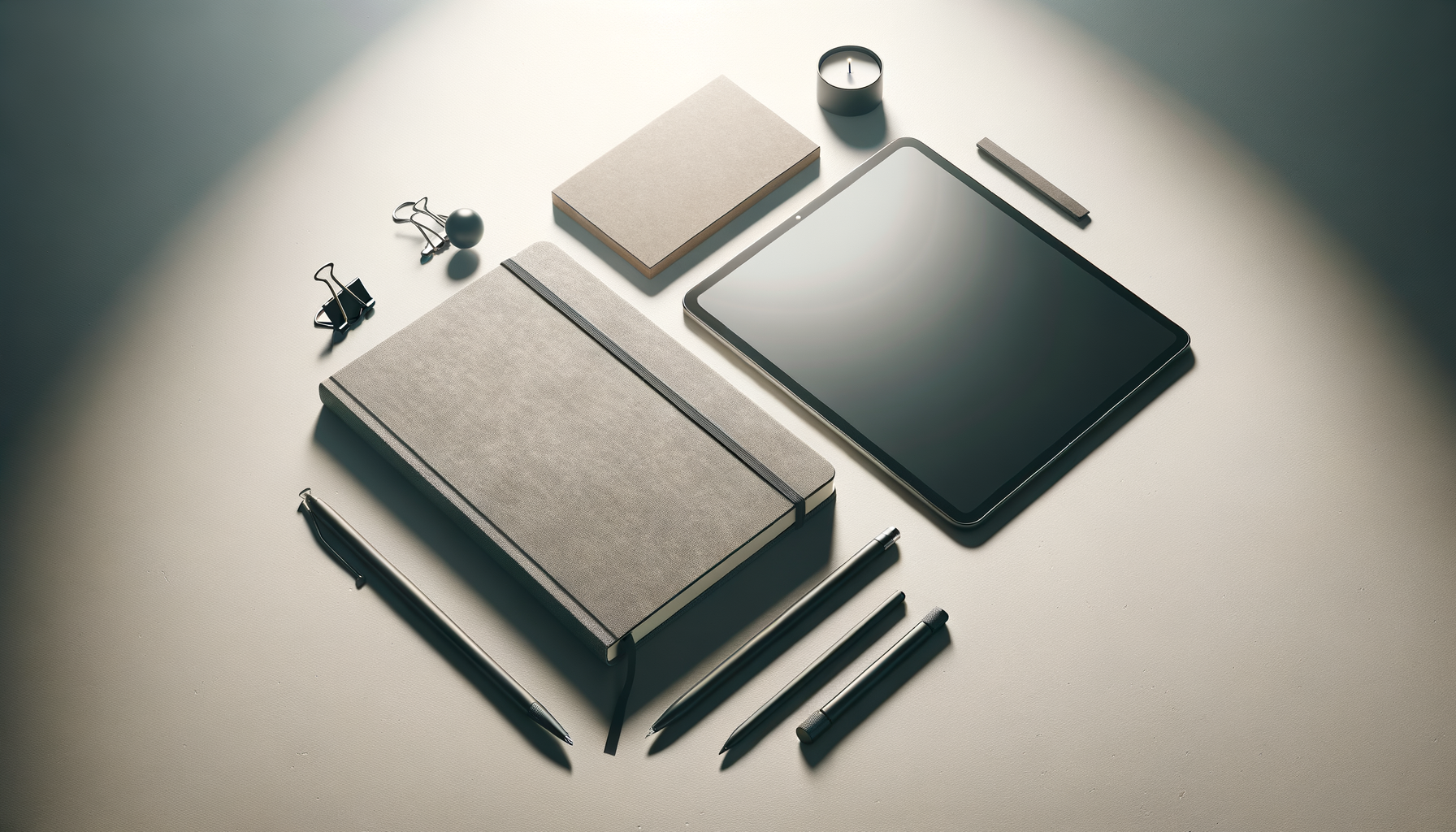 Desk with a tablet, notebooks, pens, binder clips, candle, and small notepad arranged neatly on a light-colored surface.