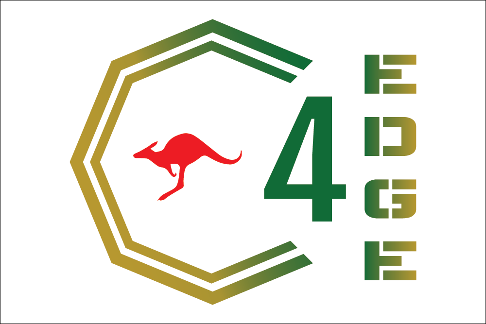 Logo with a red kangaroo inside a hexagonal frame, and the number 4 in large green font to the right. The logo also features the text '15¢' repeated four times vertically, with a gradient from green to gold.