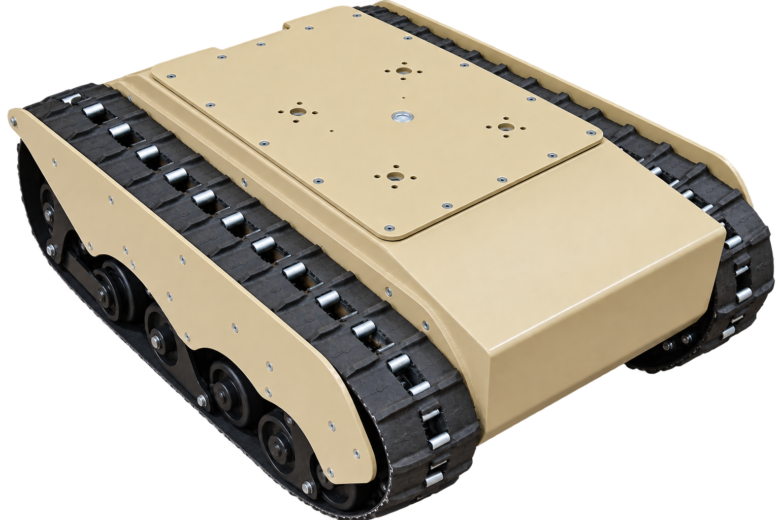 A beige remote-controlled robot with treads for movement, designed for exploration or industrial tasks.