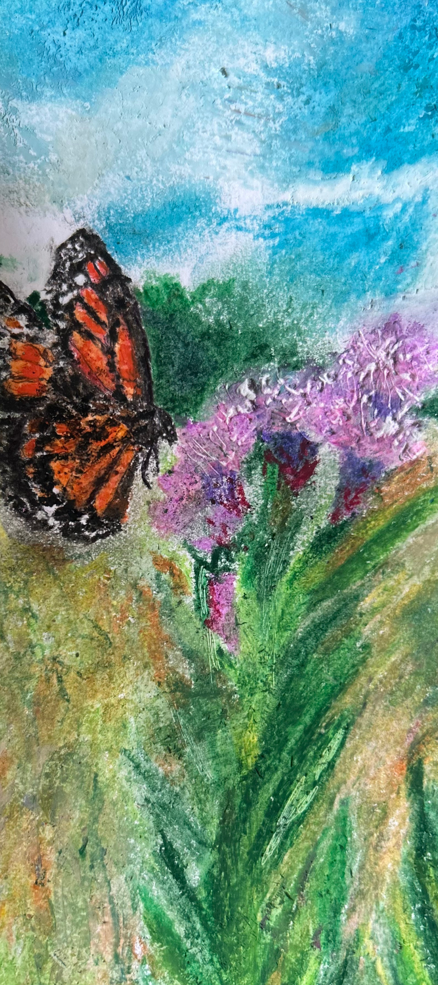 A colorful drawing of a butterfly on pink and purple flowers with green foliage, blue sky, and white clouds in the background.