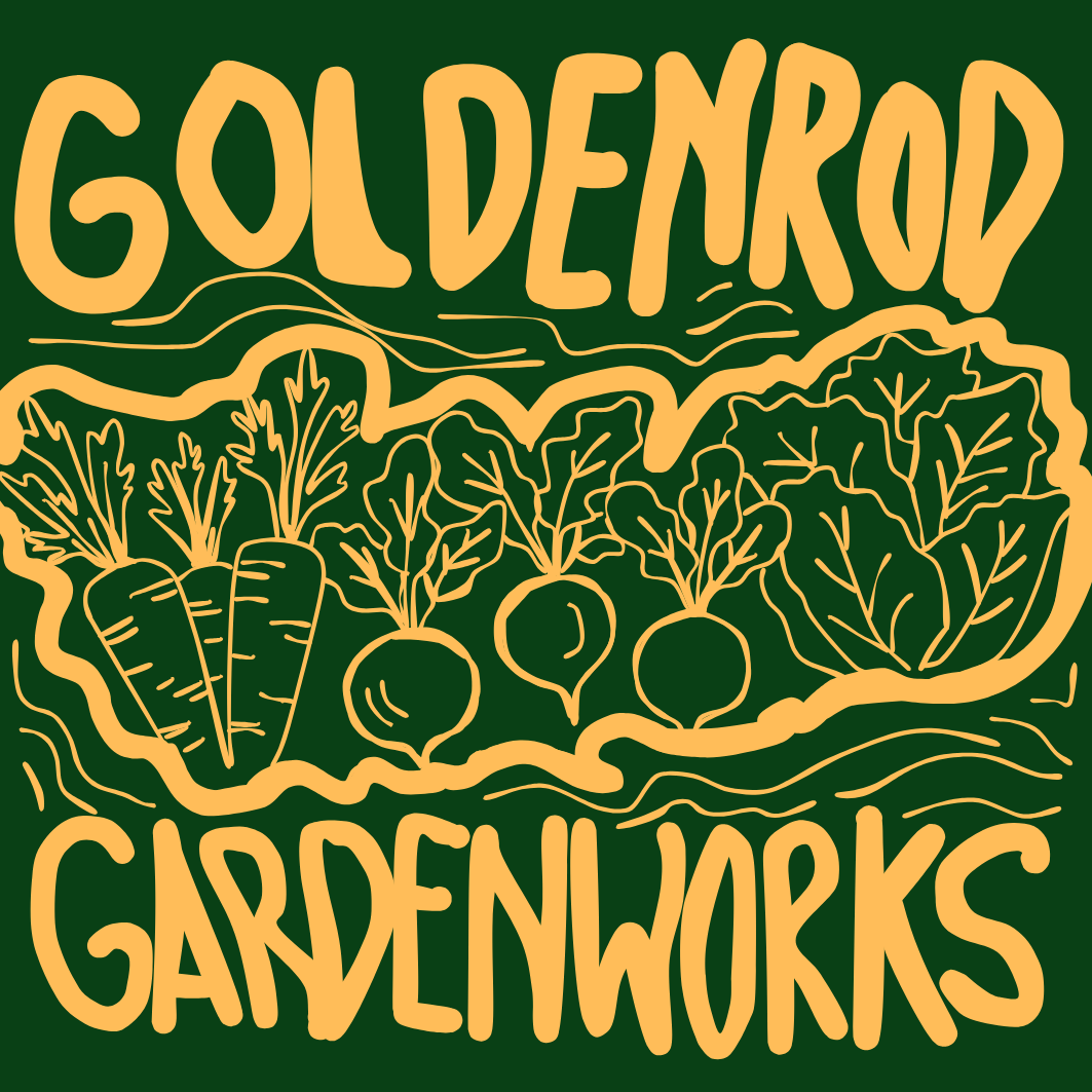 A logo with the text 'GOLDENROD GARDENWORKS' in yellow on a dark green background, featuring line drawings of carrots, beets, and leafy greens.