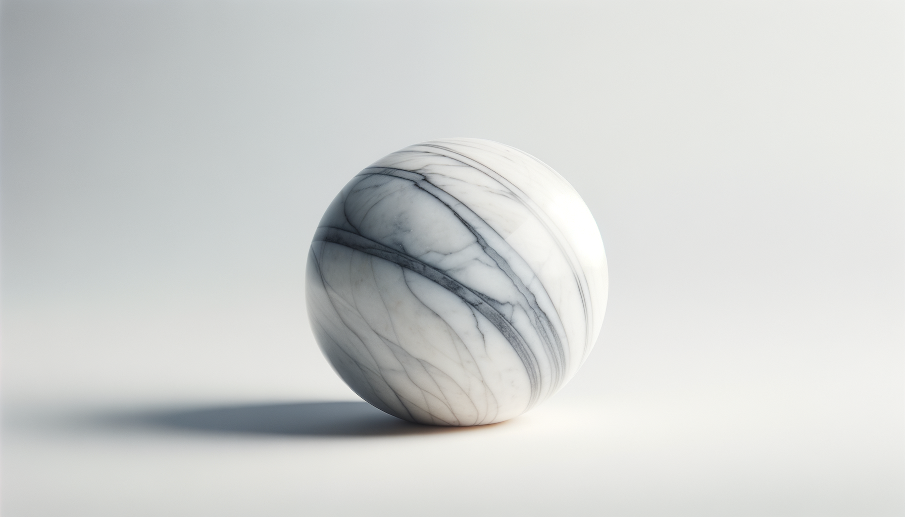 A polished white marble sphere with gray veining, placed on a white surface with soft lighting, creating a shadow on the left side.