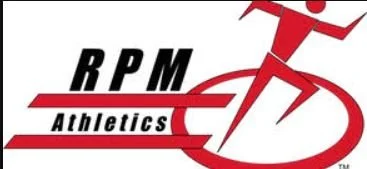RPM Athletics logo featuring a stylized red running figure on a track with bold black and red text.