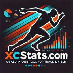 Illustration of a runner with colorful charts and graphs in the background, promoting XCStats.com, a track and field analytics website.